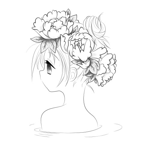 Digital art of girl with peony flower crown