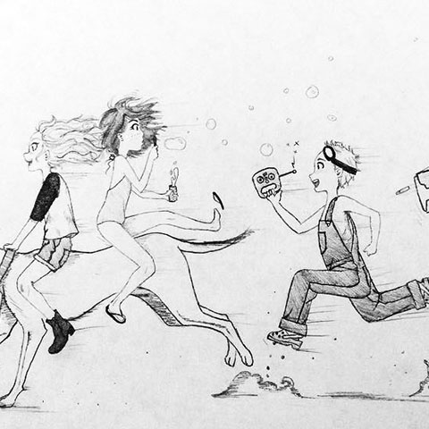 Hand drawing of kids playing during the summer